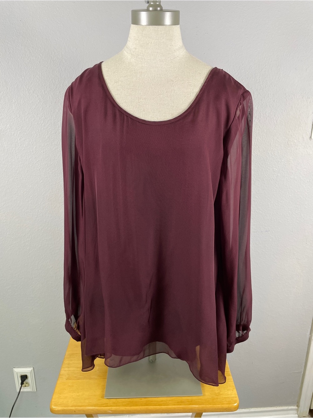 Soft Surroundings Silk Sheer-Sleeve Scoopneck Blouse - Burgundy size large